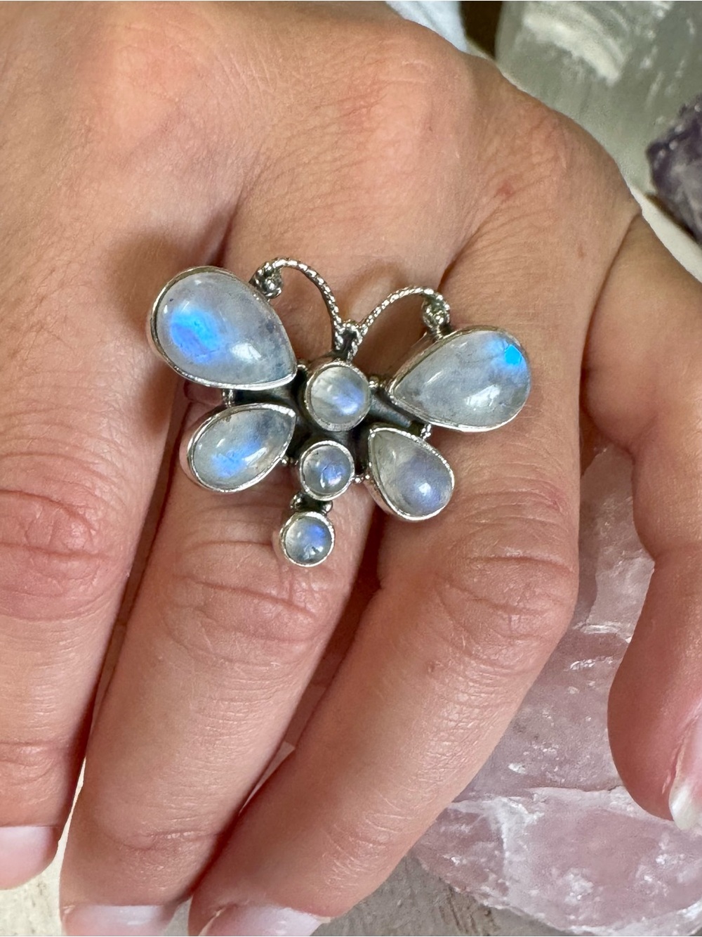Rainbow Moonstone Sterling Silver Butterfly Ring - Size 8 - 8.25